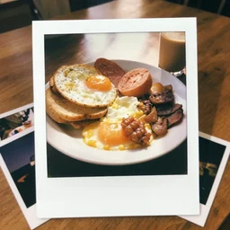 a table with a delicious breakfast, morning light, old photo, polaroid