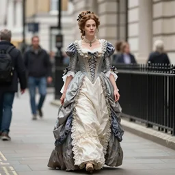 realistic photo of woman walking down the streets of london wearing a beautiful victorian gown, highly detailed,