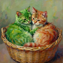 highly detailed painting of green and red furry cats cuddling in a basket by william turner, thick brush strokes and visible paint layers, 4 k resolution