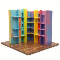 a high colourful coloured 3 d octane model of a brutalism art gallery with wooden floor in walnut, highly detailed