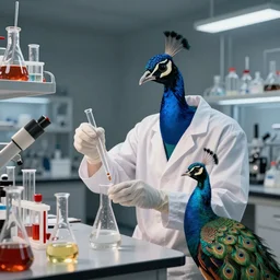 a photo color of an peacock dressed as a scientist doing chemistry experiments in a laboratory, ful color cinematic volumetric lighting octane render