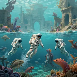 Astronauts and some mythical animals are swimming under a sea, this is an extravagant planet with wacky wildlife, the background is full of ancient ruins, by Jordan Grimmer digital art, trending on Artstation,