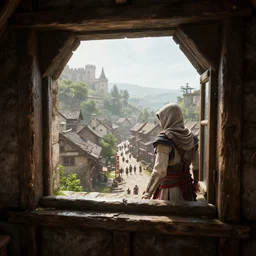 wet lush delicious view from standing inside the interior dingy wooden fort tower window looking out at the bustling medieval town streets below atmospheric unreal engine hyperreallistic render 8 k concept art masterpiece screenshot from the video game assassin's creed odyssey 2 7 0 0 k global illumination