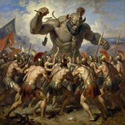 oil painting of a spartan army charging against a giant cyclops,
