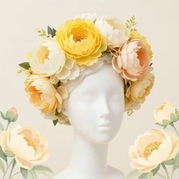 beautiful hairpiece made of yellow, cream, light orange and ivory flowers, peonies, illustration by james jean and jeremy lipking, pastel colors,