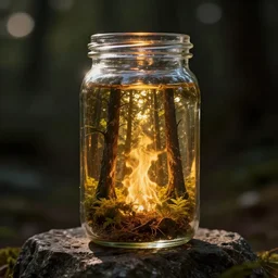 glass jar with a burning forest inside, standing on a rock, bokeh, dark background, dramatic lighting, fantasy, magic, hyperrealistic, volumentric lighting, golden sunglight, highly detailed, reflections, refractions