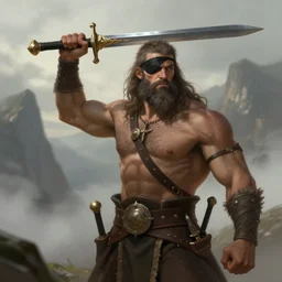 fantasy portrait illustration of muscular barbarian with eyepatch and sword raised standing in front of a misty mountain, trending on artstation, digital art ( by jesper ejsing ) ( by clint cearley ) ( by raluca marinescu ) ( by brad rigney ) ( by greg rutkowski ) ( by artur treffner )