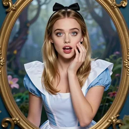 beautiful portrait of a young woman with a gorgeous face and perfect body who is a perfect blend of kate upton and dove cameron dressed like disneys alice in wonderland and rolling hard on ecstasy and peaking on pure molly, dilated pupils, euphoric and bewildered, through the looking glass, photography, high definition, 8 k resolution, retouched, glamour by bayard wu