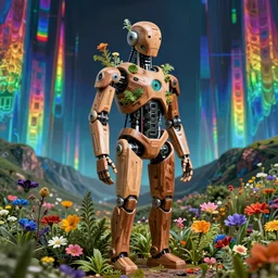 a hybrid humanoid cyborg built with cybernetic material and wood, herbs and multicolored flowers, hyperspectral imaging, multispectral imaging, perspective, colorful, spectral color, refractive,