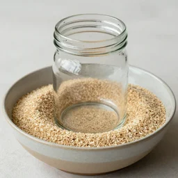 empty jar sitting in a big bowl of breadcrumbs