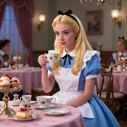 a blonde anya taylor joy as alice in wonderland mad hatters tea party, unreal engine max vram, hdr 1 0, volumetric lighting, extremely high quality, surealism