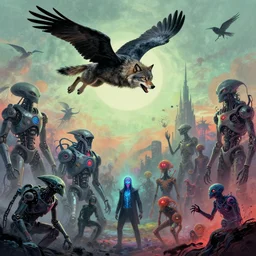 cat wolf crow man flying in the sky ; humans being devoured ; aliens, robotic machines, gods, bio - mechanical intelligences, glitch creatures, dmt entity ; lsd art, trending on artstation, style greg rutkowski