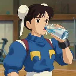 a film still portrait of a confident chun li drinking water, finely detailed features, focused medium shot, perfect art, at the gymnasium, gapmoe yandere, trending on pixiv fanbox, painted by greg rutkowski makoto shinkai takashi takeuchi studio ghibli, akihiko yoshida
