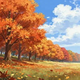 landscape, autumn, falling leaf, full of colorful flower and tree, beautiful cloud, quiet, no people, anime background,, illustration, sharp focus, intricate, smooth, super wide angle, trending on artstation, trending on deviantart