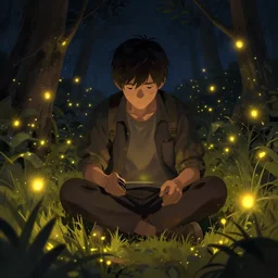 man surrounded by fireflies, artstation