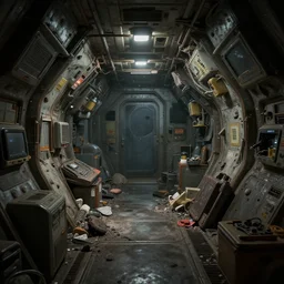epic professional digital art interior view of dim, cramped, cluttered, claustrophobic spaceship cargo hold torn by micrometeorite, detailed, best on artstation, cgsociety, stunning, unreal engine 6, realistic,, cinematic