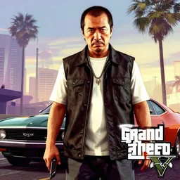 Wong kar-Wai in Grand Theft Auto 5 cover art, epic, 4k resolution, extremely detailed, very sharp, artstation, digital art, vibrant,