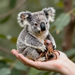 hybrid cross between ( ( koala ) ) and tardigrade!!! with six legs!! sitting in a human hand, macro photography, tiltshift, very cute, tiny minature, hyper realistic, nature photography