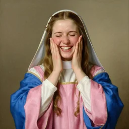 a portrait of a priestess, dressed in pink and blue, so happy that her face hurts, by donato giancola and norman rockwell.