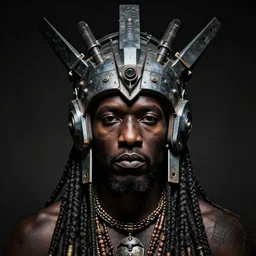 portrait of african tribal chief wearing mecha head gear, symmetrical, dramatic lighting, art by zdzislaw beksinski,