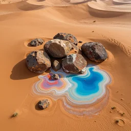 bismuth boulders, orange sand desert with colorful pools of bright milky paint, birds eye view