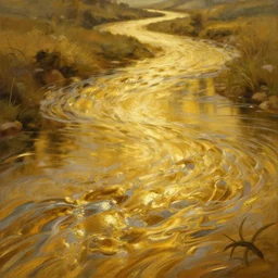 illustration of a river made   of liquid gold, realistic painting, classical painting, high definition, digital art, matte painting, very detailed, realistic