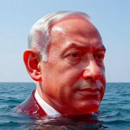 a giant human head looking like benjamin netanyahu sculpture in the sea made out of juicy and transparent red jelly, long shot, hyper detailed, hyper realistic, ray tracing, 8 k resolution, sharp focus, realistic water, award winning
