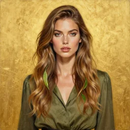 epic painting drawing, full figure portrait of beautiful supermodel wearing olive blouse, long wavy hair with tea leaves, photography by amy leibowitz, wlop, jeremy lipkin, beeple, intricate, symmetrical front portrait, artgerm, golden glowing background - w 1 0 2 4 - h 1 0 2 4