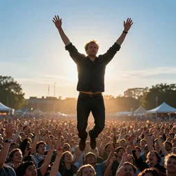 backlit geert wilders floating in the air and raising both his arms amid epic crowd
