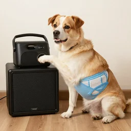 “ dog rocking out to cheap speaker while wearing human underwear ”
