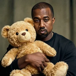 cinematic photograph of Kanye West with a anthropomorphic teddy bear, portrait, album cover, shallow depth of field, 40mm lens, gritty, textures