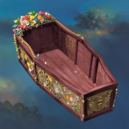 an elaborate empty floating coffin adorned with flowers, evening, fantasy, regal, intricate, by studio ghibli