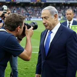 benjamin netanyahu headbutting a photographer on a soccer field, by norman rockwell and michael cheval, highly detailed, sharp focus