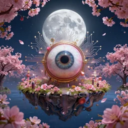 by david lachapelle and benoit b. mandelbrot, visually stunning, cinematic, ultra realistic, hyper realism, 1 2 k, epic, octane render, unreal engine, vfx, maya, a beautiful 🌸 🌼 💮, centered full body, full moon island nights, a large eyeball in the middle of a park, circuitry, ornate