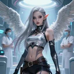 grimes as an elven warrior with elf ears, silver hair, beautiful anime warrior, masterpiece by shikinami asuka langley, incredible beauty, charismatic, trending on artstationl, digital art, japanese anime art, incredible detail, pop star grimes, elf ears, surrounded by angel doctors, gene editing clinic, futuristic utopia