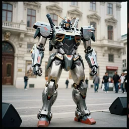 mecha zack de la rocha with a broken leg in vienna, rage against the machine, shot on kodak portra 4 0 0 3 5 mm film