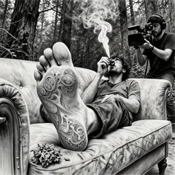 elegant, intricate detail, big foot chilling out on sofa in the woods smoking weed with cameraman, dynamic wide angle lens, pencil and ink, dramatic lighting,