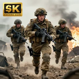 Portrait of a modern British army squad in full gear sprinting through enemy territory, cinematic lighting, front lighting, 4k, award-winning, by Greg Rutkowski, gunfire, cinematography by Emmanuel Lubezki