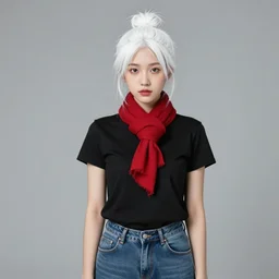 portrait of a girl with white hair in a messy hairbun. She is wearing a short black tshirt, blue jeans, a red scarf.