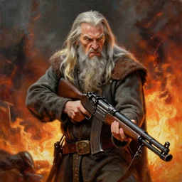 gandalf with a machine gun, oil painting, war photo, anger, fire, dramatic, very detailed, 4k, by Jeffrey Smith and Erin Hanson and Chad Knight
