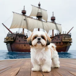 a shih tzu on a pirate ship, wide - angle, canon eos r 3, f / 1. 4, iso 2 0 0, 1 / 1 6 0 s, 8 k, raw, unedited, symmetrical balance, in - frame