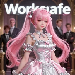 worksafe. insanely detailed. by wlop, ilya kuvshinov, krenz cushart, greg rutkowski, pixiv. zbrush sculpt, octane, maya, houdini, vfx. pink and silver, gorgeous young cg gentle girlish feminine sissy boy with long hair, twintails hairstyle, wearing hairbow, frills, silk dress, friendly smiling, in luxury advertisement. cinematic dramatic atmosphere, sharp focus, volumetric lighting