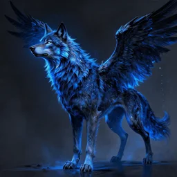 concept art of winged wolf neon blue and black, highly detailed painting by dustin nguyen, akihiko yoshida, greg tocchini, 4 k, trending on artstation, 8 k