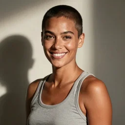 tanned masculine woman, with buzzcut dark hair, grey tank top, passeport picture smiling