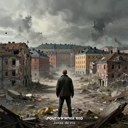 a man standing in the middle of a destroyed swedish city, a detailed matte painting by jonas de ro, cgsociety contest winner, context art, matte painting, dystopian art, apocalypse art