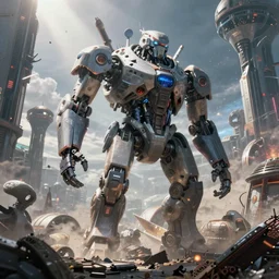 an epic 3 d render of a epic massive cyberpunk robot, alien civilization, futuristic, hyper - realist, post apocalypse, nuclear war, daylight, god's ray, interstellar, scifi, blockbuster, cg, vfx, concept art, riot cinematic, bio hazard, soviet, by zdislaw beksinski and fvckrender and visualdon, trending on cgsociety,