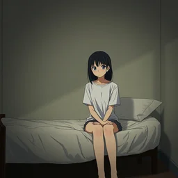 a film still of lone anime girl in white tshirt is sitting on poor bed in pale colors room in dark russian flat, perfect faces, fine details, anime, cinestill