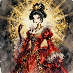 watercolor painting of an avant - garde japanese bjd geisha vampire queen with a long neck in a victorian red dress painted by daniel merriam, amy sol, intricate detail, artstation, artgerm, in the style of dark - fantasy, rococo, gold leaf art
