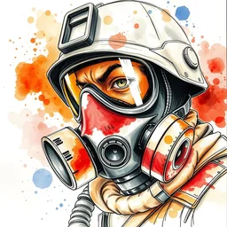 beautiful aesthetic inspirational masterful professional ink pen and watercolor sketch of a soldier in gas mask, ultra detailed, fine details, trending on artstation, high quality paper