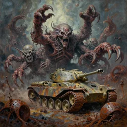 oil painting nightmare army tanks clawed chaos landscape fecund afraid of tank treads hooped around rustscape in primoridal slimes in mollusk skins, terror 1 9 7 1, ornate masterpiece, cinematic by richard m powers, by jack gaughan